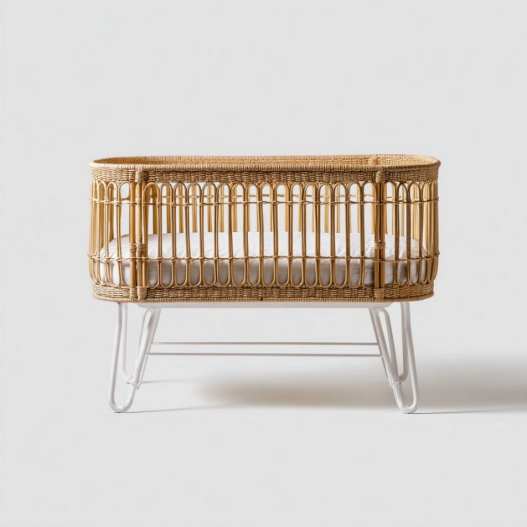 Culla in rattan con struttura in metallo bianco