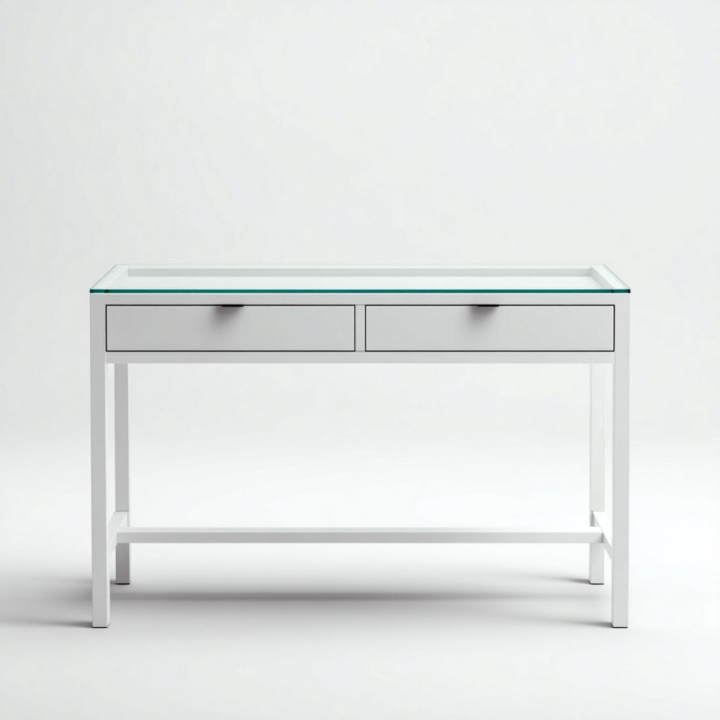 Scrivania da ufficio con piano bianco e doppio cassetto, superficie in vetro