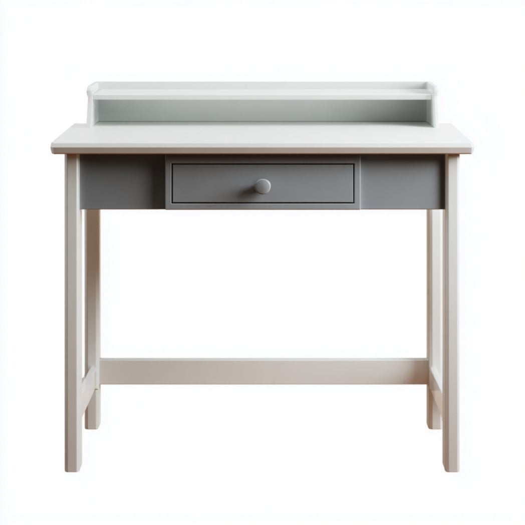 Scrivania da ufficio bianca con cassetto e ripiano superiore