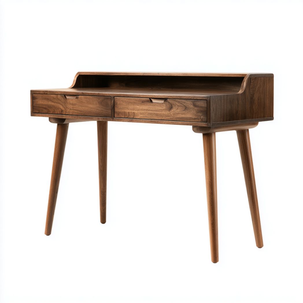 Scrivania in legno di noce con due cassetti e gambe in legno massello