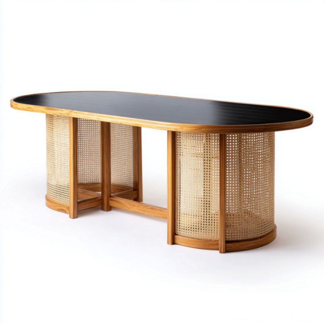 Scrivania ovale in frassino nero e rattan