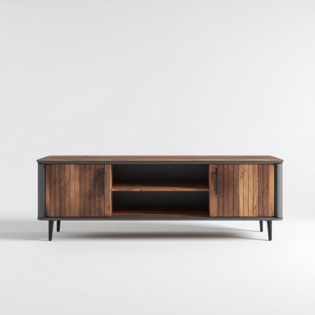 Mobile basso in legno di noce con ante a listelli e telaio in alluminio nero