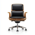 Sedia da ufficio girevole in ecopelle nera e legno di noce con base in acciaio