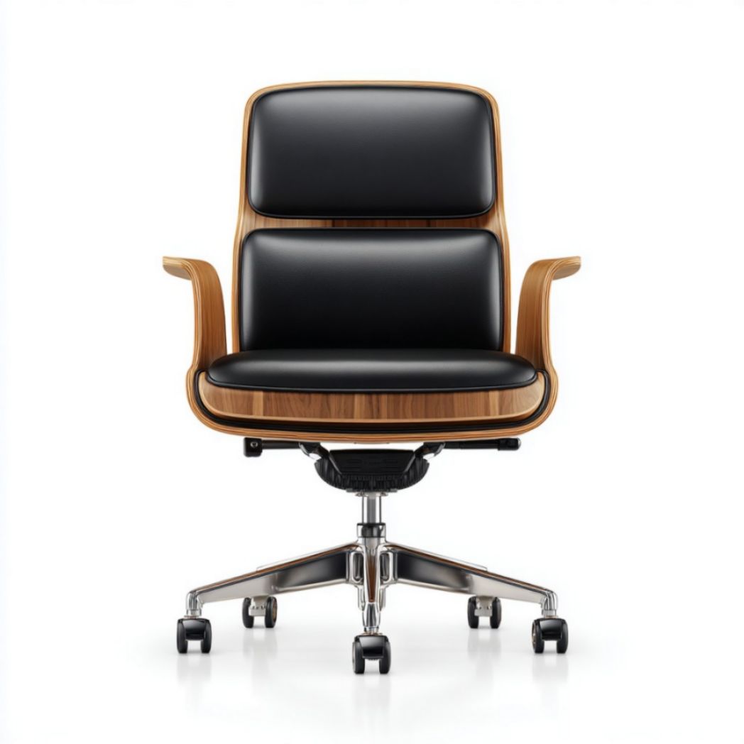 Sedia da ufficio girevole in ecopelle nera e legno di noce con base in acciaio