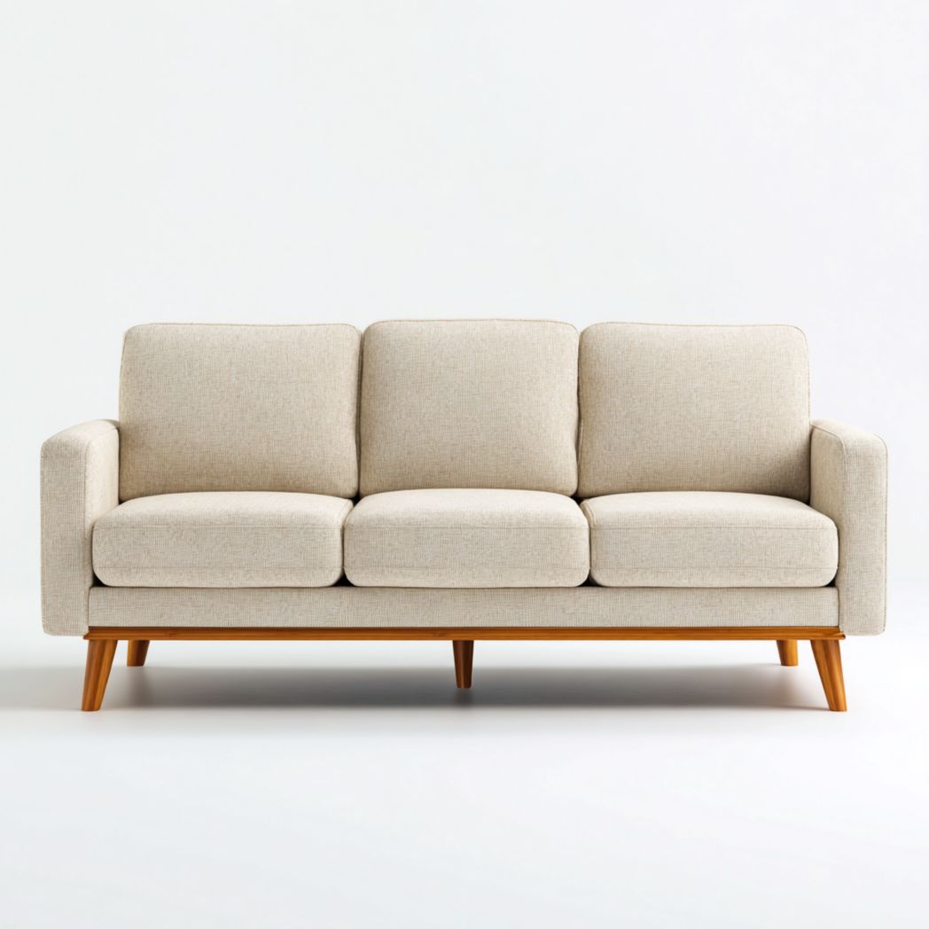 Divano 3 posti in tessuto con braccioli quadrati e sedute imbottite