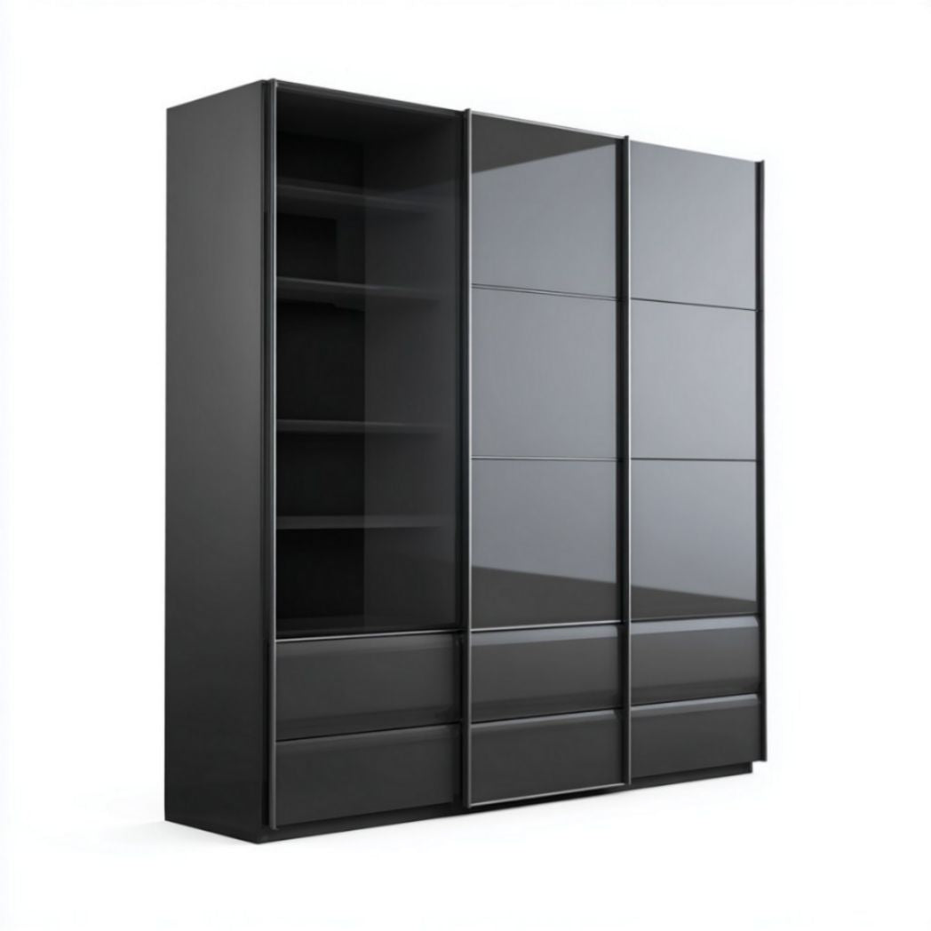 Armadio nero a tre ante scorrevoli in vetro e legno di frassino con cassetti