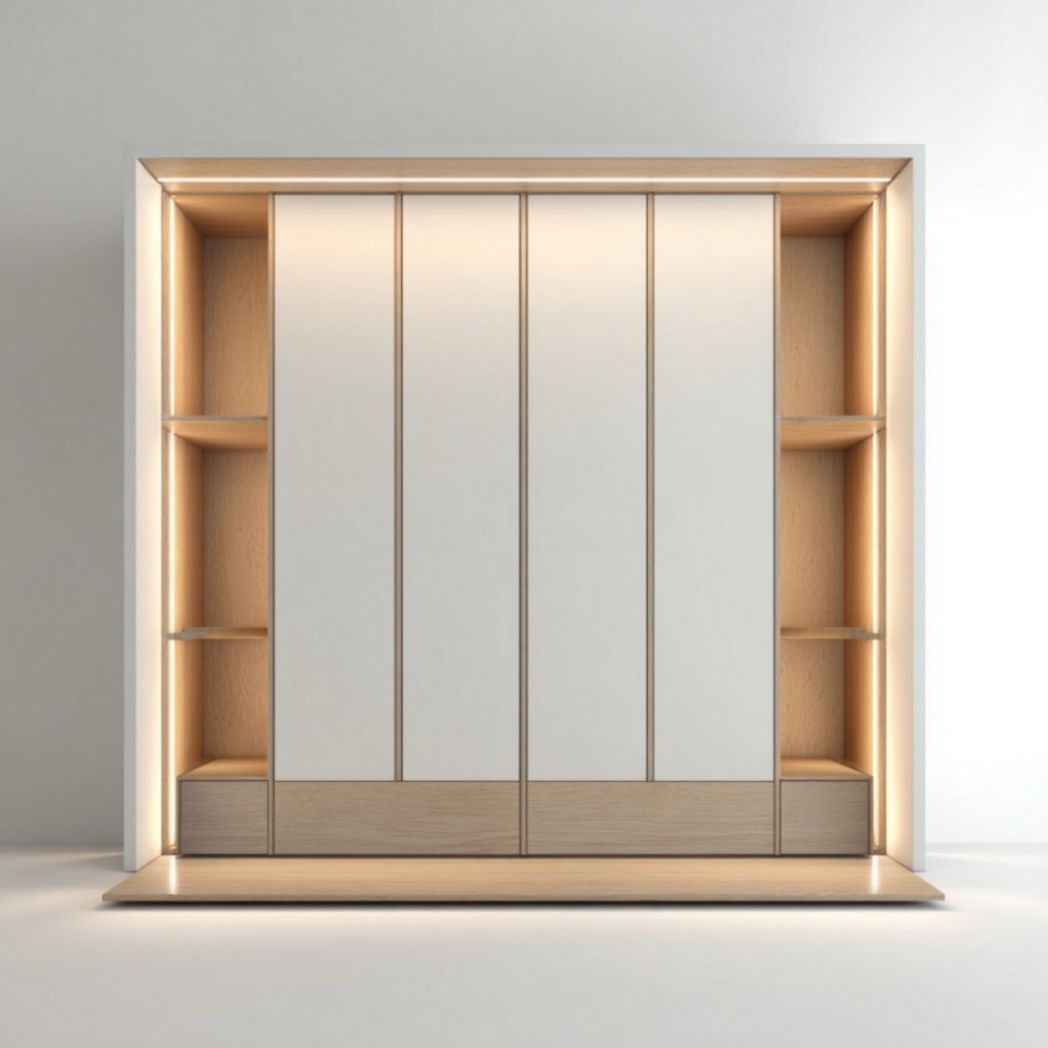 Armadio componibile a quattro ante bianche con vani a giorno laterali e illuminazione LED integrata in legno di frassino