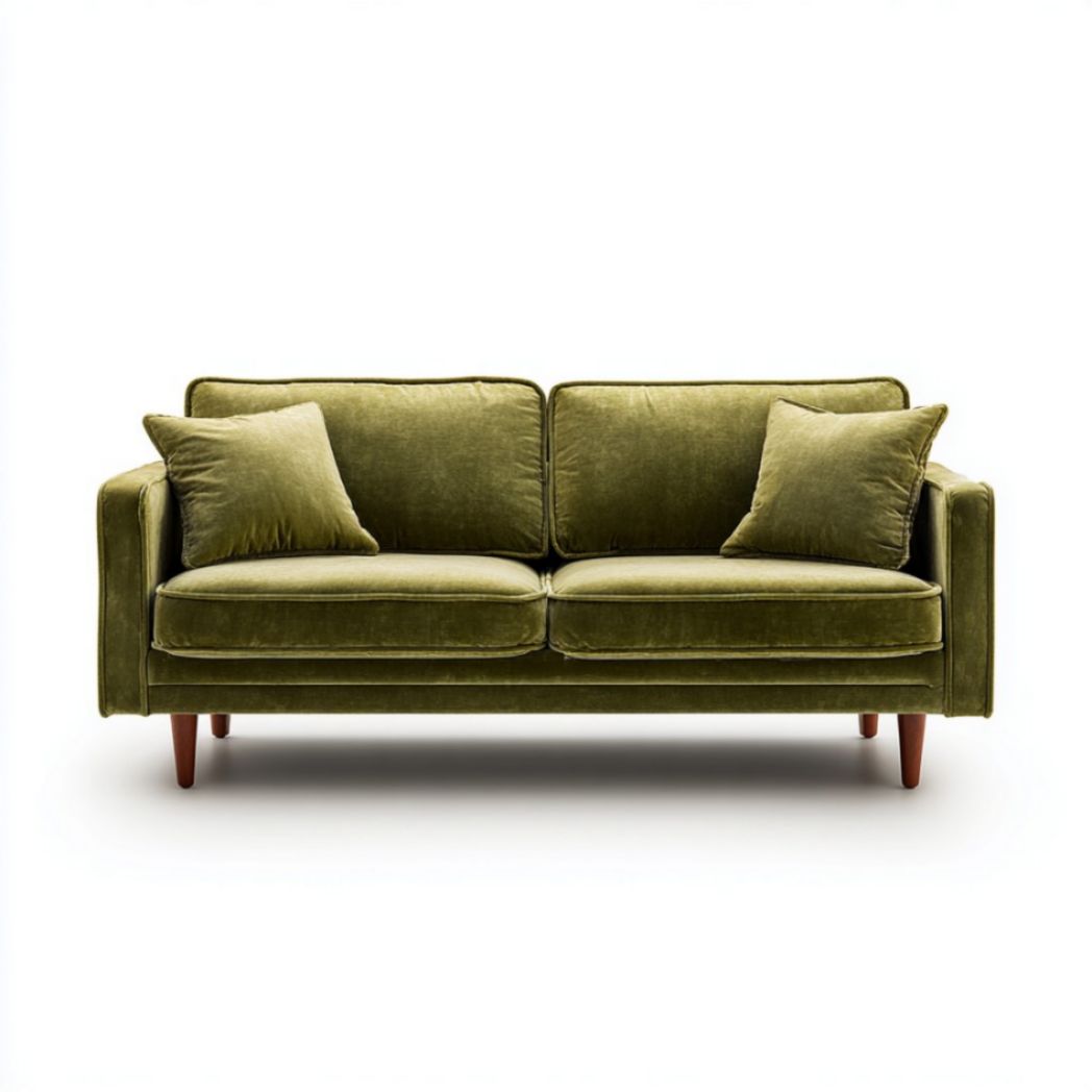 Divano a 2 Posti in Tessuto Verde Oliva con Gambe in Legno
