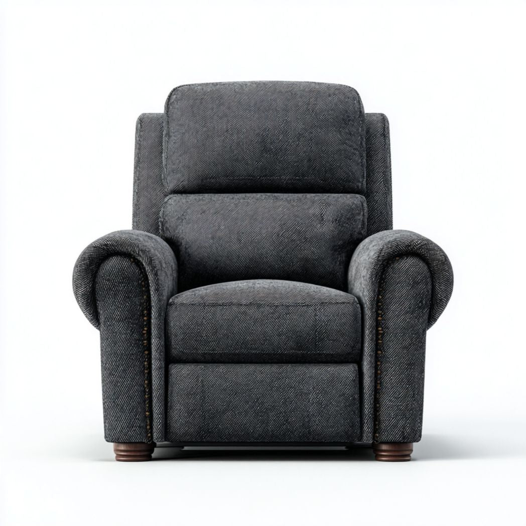 Poltrona reclinabile singola in tessuto misto cotone grigio scuro con gambe in legno