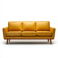 Divano a tre posti in ecopelle gialla con base e gambe coniche in legno di rovere