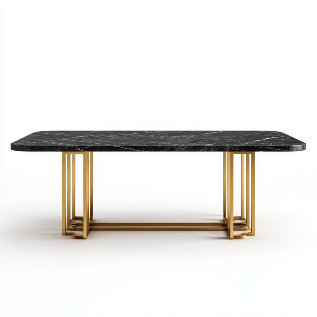 Tavolo da pranzo rettangolare in marmo sintetico con base in acciaio dorato