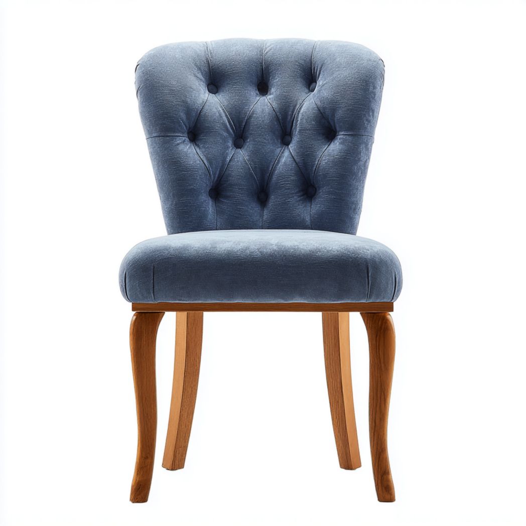 Sedia imbottita in tessuto azzurro con gambe in legno di faggio