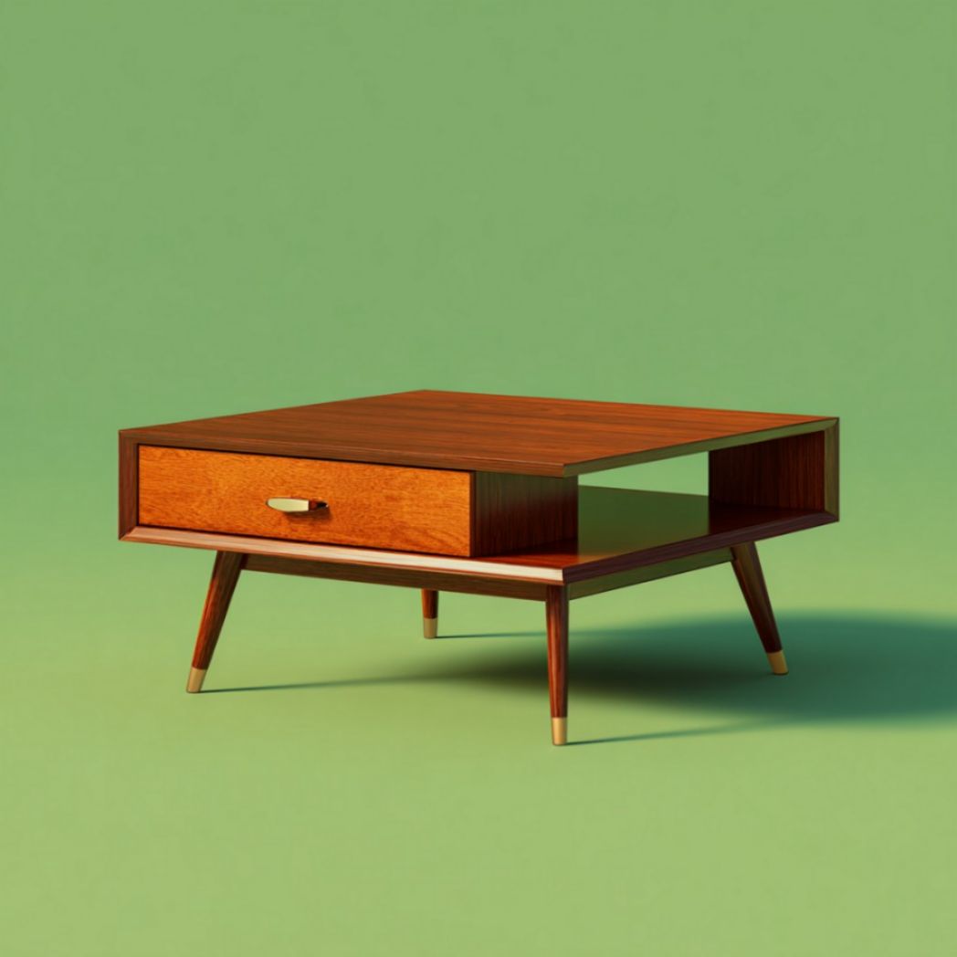 Tavolino da Salotto Quadrato in Legno di Teak con Cassetto Singolo e Gambe Coniche con Punta in Ottone